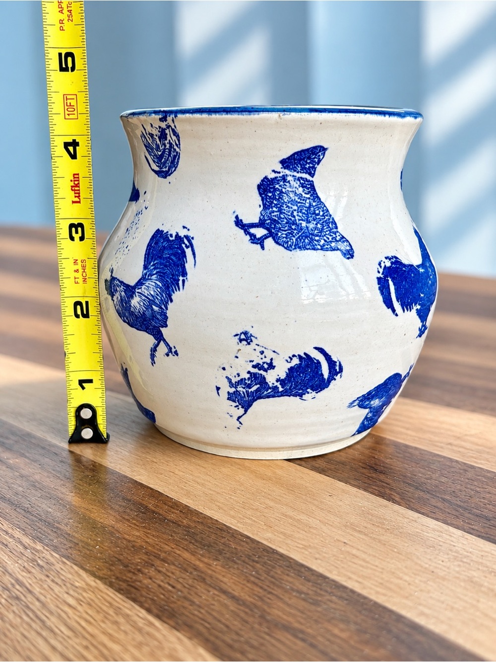 Signed Studio Pottery Chicken Rooster Planter Blue White Ceramic Crock Vase